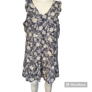 Como Vintage Blue and White Tropical Print Ruffle Tiered Mini Dress Size XL